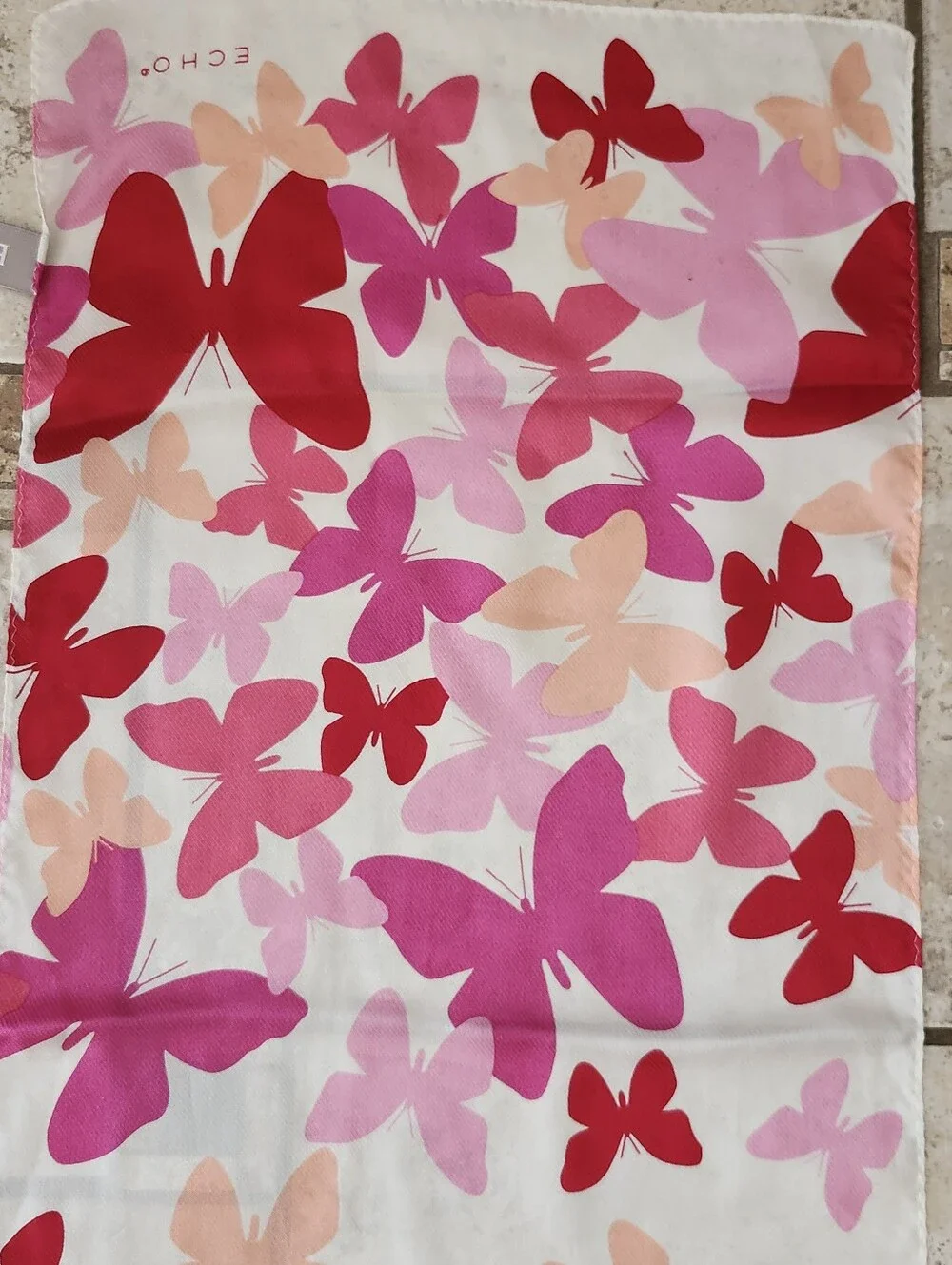 VTG ECHO Butterfly Print Silk Scarf In Pink & Peach